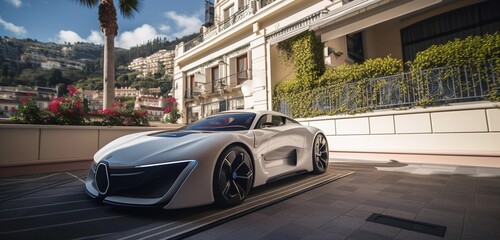 Fototapeta premium Illustration of electric car in city, created with Generative AI technology.