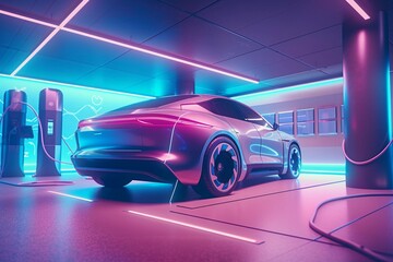 Obraz na płótnie Canvas Illustration of modern electric car charging in station, created with Generative AI technology.