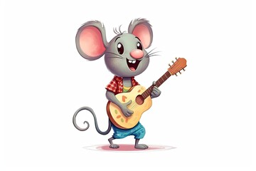 Mouse playing guitar and smiling with copy space on a white background isolated