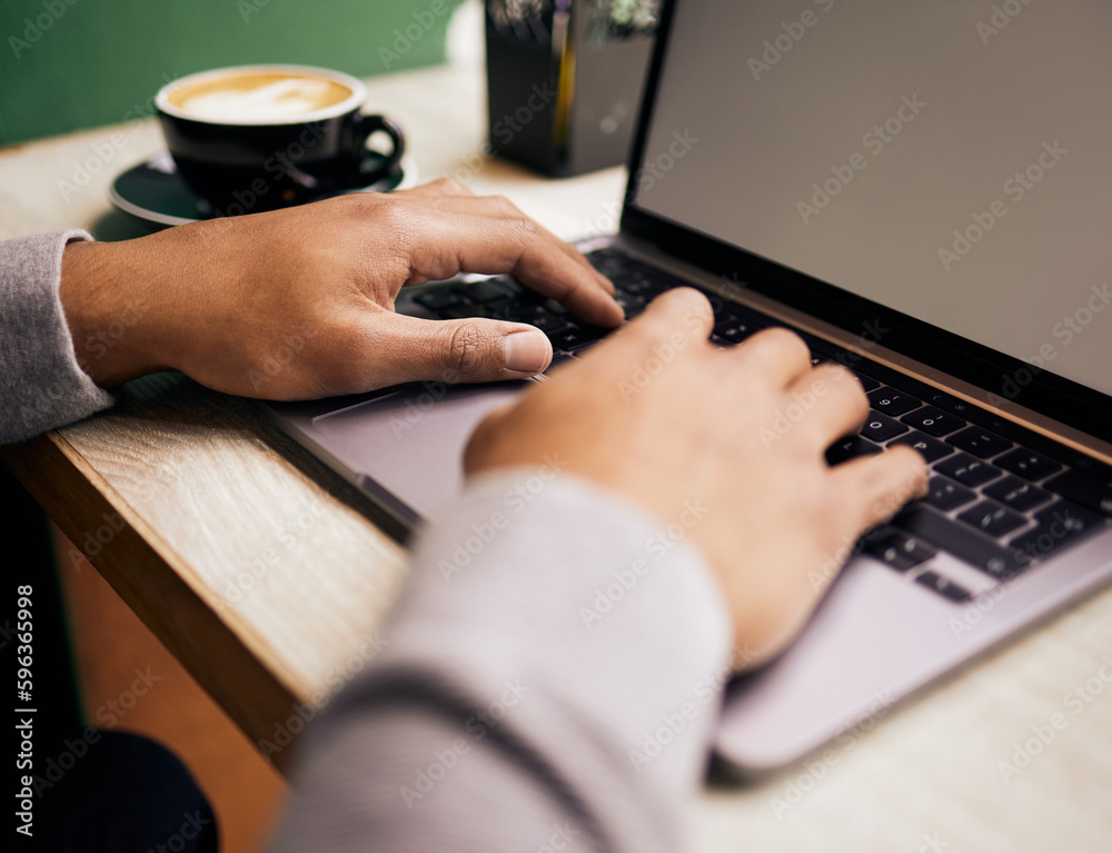 Poster Closeup of unknown mixed race man sitting alone in cafe and using a laptop to browse the internet. Hispanic student typing and researching online. Macro view of man using technology to learn a course