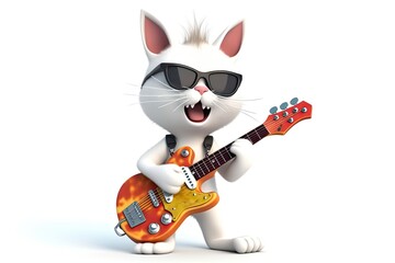 Fototapeta na wymiar White cat rockers playing electric guitar isolated on white, illustration