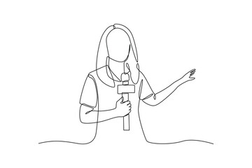 Single one line drawing young tv newscaster woman reporting tv news. News anchor concept. Continuous line draw design graphic vector illustration.