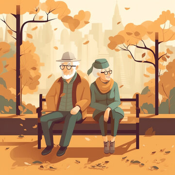 Elderly couple enjoying their golden years together on a park bench. Generative AI...