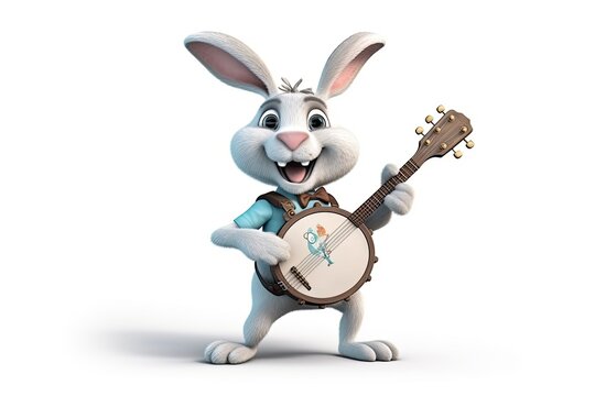 White rabbit or hare playing banjo on a white background isolated