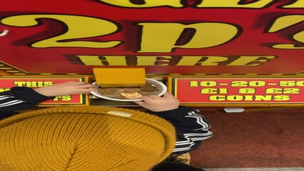 Penny change machine in an amusement arcade young boy overhead shot