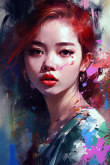 Portrait of a beautiful girl with bright make-up and red lips. Generative AI