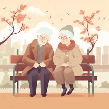 Elderly couple enjoying their golden years together on a park bench. Generative AI...