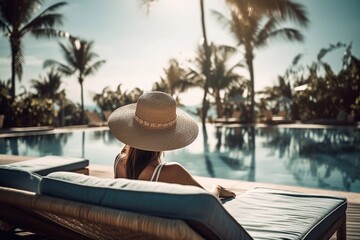 Obraz premium Illustriation of young woman enjoying summer in holiday resort, created with Generative AI technology.