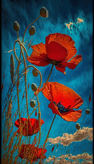 red poppies blue sky , Generative AI