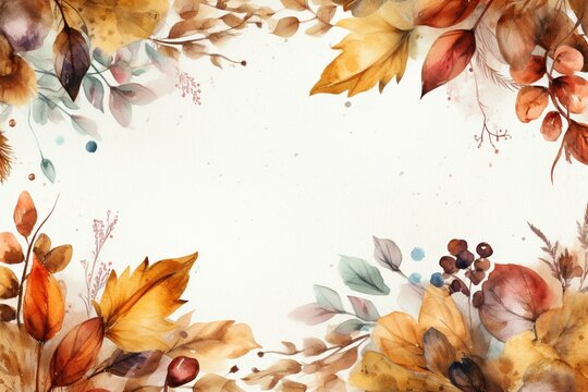 Watercolor autumn border on white with fall frame. Ideal for thanksgiving cards, invite templates and more. Generative AI