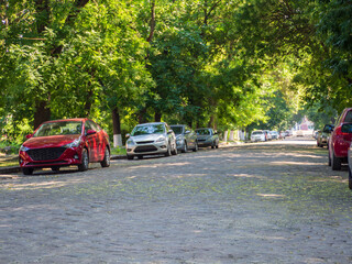Naklejka premium Parked cars in the shade of trees on a cobblestone street. City Alley