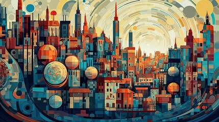 A stunning surreal & abstract mosaic cityscape of Twisted Buildings and Muted Colors using Generative AI