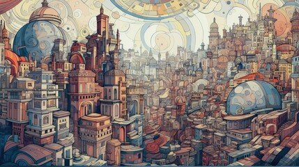 A stunning surreal & abstract mosaic cityscape of Twisted Buildings and Muted Colors using Generative AI