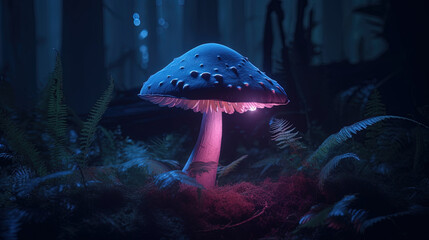 Fototapeta na wymiar Glowing Mushroom in Dark Forest. Generative Ai