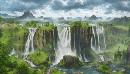 Wonderful waterfall in the mountains. Landscape Photography. Mountain waterfalls with a picturesque landscape. Generative AI