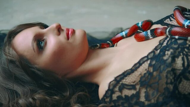 Portrait Gothic fantasy woman dark queen of snakes. Girl evil vampire Beauty princess lies Royal milk red snake sinaloa crawls over sexy pretty face. Flowing hair black dress horror video shot 4k art 