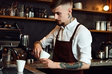 Barista coffee latte waiter cappuccino. Man preparing making coffee. Coffee shop. Generative AI.