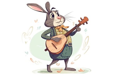 Rabbit or hare playing banjo on a white background isolated - obrazy, fototapety, plakaty