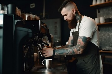 Barista coffee latte waiter cappuccino. Man preparing making coffee. Coffee shop. Generative AI.