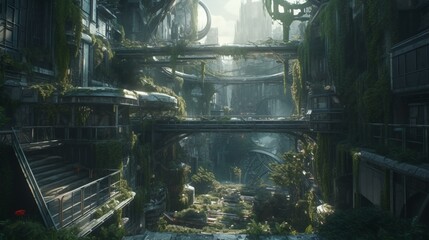A futuristic society abandoned and overgrown by nature