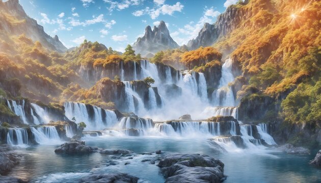 Wonderful waterfall in the mountains. Landscape Photography. Mountain waterfalls with a picturesque landscape. Generative AI © 360VP