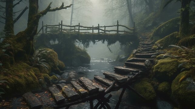 A foggy forest with a small creek a rickety bridge and a forest