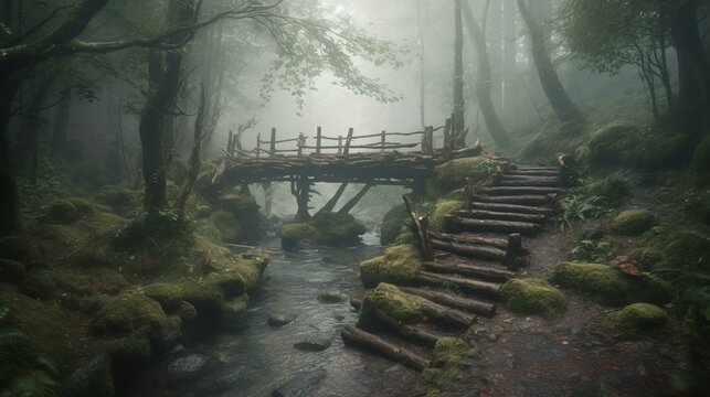 A foggy forest with a small creek a rickety bridge and a foggy forest