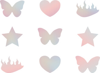 y2k gradient sticker set, butterfly, star, heart, 90s and 2000s style, nostalgia, glamorous, trendy vector illustration