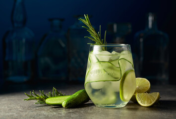 Cocktail gin tonic with ice, rosemary, lime, and cucumber. © Igor Normann