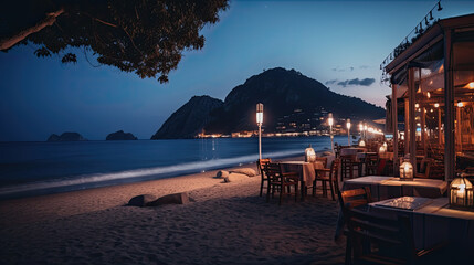 Fototapeta premium cafes and restaurants on the beach promenade at night. Generative AI