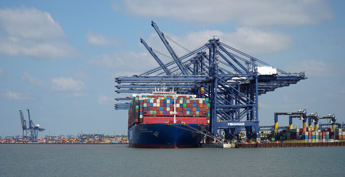 FELIXSTOWE, SUFFOLK, ENGLAND - APRIL 30, 2022:  CSCL Arctic Ocean container ship unloading at Felixstowe Docks