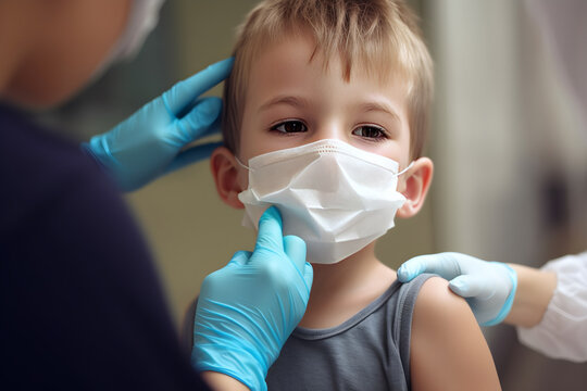 a child with a mask. a portrait of a child being vaccinated or receiving medical care. 
