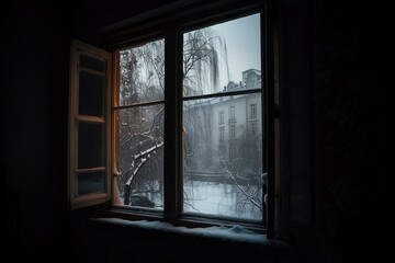 Fototapeta na wymiar Snowy winter view seen through a window. Generative AI