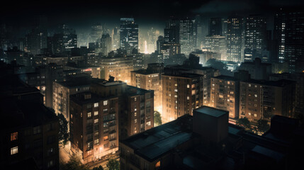 urban big city at night. lights are on in many windows. Generative AI