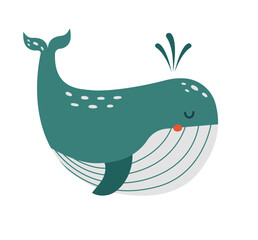 Creative clip art with blue whale. Cute kid's cartoon vector illustration in flat style. Simple minimal modern sticker for children clothes design, banner, card. Ocean kawaii animal, underwater life.