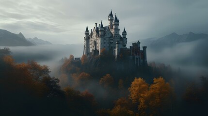 Fototapeta na wymiar An enchanting and fairy-tale view of a castle peaking out of a forest covered in fog