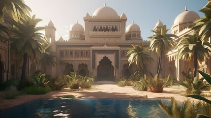 Naklejka premium A desert oasis with palm trees and a beatyful palace