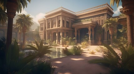 Fototapeta premium A desert oasis with palm trees and a palace