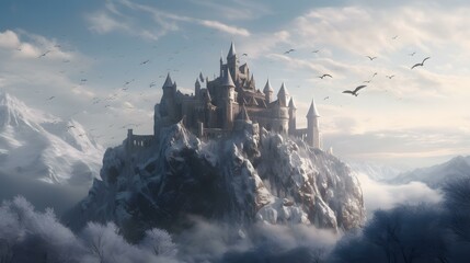 A majestic snow-covered castle nestled in a mountain range