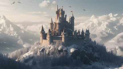 Fototapeta premium A majestic snow-covered castle nestled in a mountain range