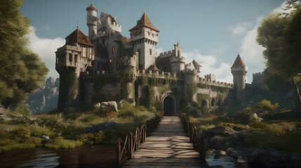 Obraz premium A medieval castle with towering walls and a drawbridge