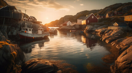 Obraz premium a fishing port in norway at sunset in summer. Generative AI
