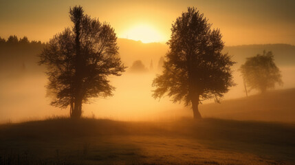 Fototapeta premium trees in autumn with fog. Generative AI