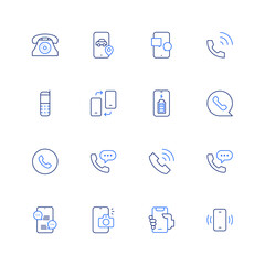 Phone icon set. Editable stroke. Thin line icon. Duotone color. Containing telephone, phone, chat, phone call, mobile phone, changing, battery level, call, camera, smartphone.