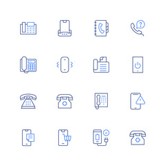Phone icon set. Editable stroke. Thin line icon. Duotone color. Containing fax, dock, phone book, phone, landline, turn on, telephone, emergency number, notes, shopping, phone charger.