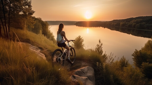 a young woman stands by the lake with her bicycle and watches the sunrise. Generative AI