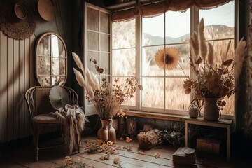 Rustic home design with ethnic decoration. Bed with pillows,  armchair and curtains on large windows in cozy bedroom interior, nobody, flat lay, panorama, free space.Generative AI