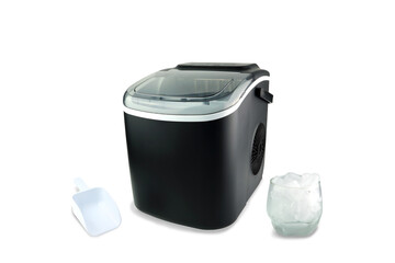 black modern design ice maker is used for making clean ice for various kinds of soft drink during summer on the white table with white scoop and a glass of ice isolated on white background