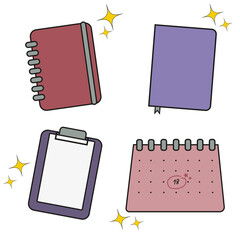 illustration of girl supplies such as books, calendars, diary books, paper boards