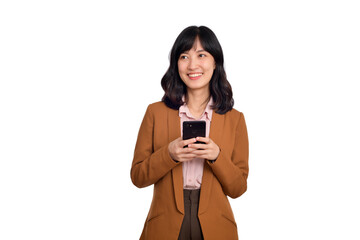 Fototapeta premium People and technology concept. Smiling asian girl using smartphone, texting on mobile phone, standing isolated against white background
